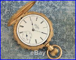 Minty 1895 SOLID 14K YELLOW GOLD Elgin ENGRAVED STAG Hunting Case Pocket Watch