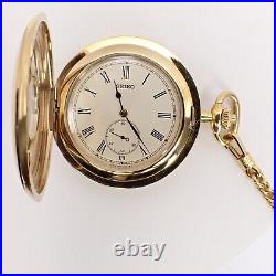 Near Mint Seiko 7N07-0020 Quartz Gold Half Hunter Case Pocket Watch #1396