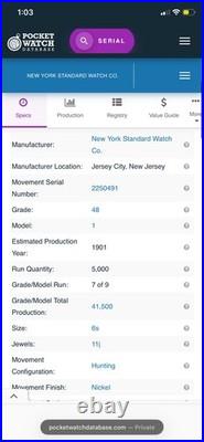 New York Standard Grade 48 Gold Filled 6s Hunter Case Pocket Watch