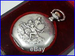 Old Longines Silver Pocket Watch Engraved Case In Box