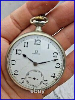Omega pocket watch with open dial, nickel-chrome, 48.5 mm case, not working