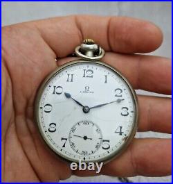 Omega pocket watch with open dial, nickel-chrome, 48.5 mm case, not working