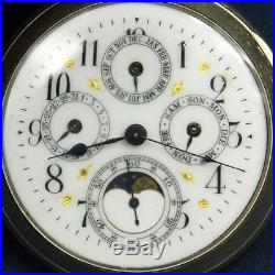 P 99. Swiss 51 MM Triple Calendar Moon Display Pocket Watch In Display Case