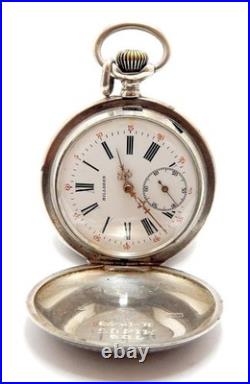 Pocket Watch BILLODES Hunter 15 Jewels Dial Porcelain 1900c Silver 50mm Working