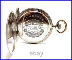 Pocket Watch Longines Hunter Grands Prix Case Silver 51mm Glass Missing Working