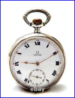 Pocket Watch OMEGA Open Face Art Deco Dial Porcelain Case Silver 51mm Working