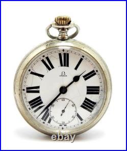 Pocket Watch OMEGA Open Face Railway Hand Winding Case Steel 55mm 1910c Working