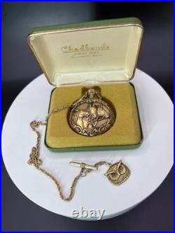 Pocket Watch Swiss 17 Jewels Incabloc Gold Tone Hunter Case Horse Chain Box