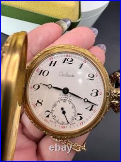 Pocket Watch Swiss 17 Jewels Incabloc Gold Tone Hunter Case Horse Chain Box