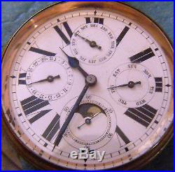 Pocket Watch Very Complicated Day Date Moon Phase Large Silver Case Great Dial