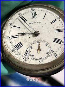 RARE 1885'S LONGINES SWISS SILVER HUNTER CASE POCKET WATCH Need Repairs