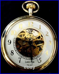 RARE Louis Pion Executive Mechanical Wind Exhibition Case Skeleton Pocket Watch