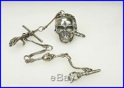 RAR Silver Memento Mori Chain Skull case Pocket Watch Key masonic Fob sterling