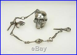 RAR Silver Memento Mori Chain Skull case Pocket Watch Key masonic Fob sterling