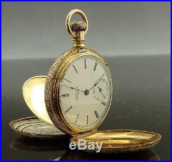 Richly Engraved Antique Elgin 14k Solid Gold Hunter Case Pocket Watch Dated 1890