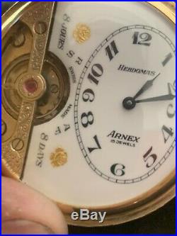 Rare Antique Arnex Hebdomas 8 Day Pocket Watch Dogs Scene Gold Filled Case