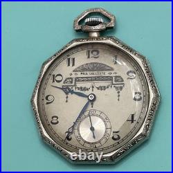 Rare Art Deco Paul Vallette 17 Jewels Pocket Watch White Gold Filled Case Runs