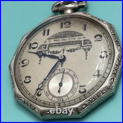 Rare Art Deco Paul Vallette 17 Jewels Pocket Watch White Gold Filled Case Runs