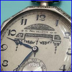 Rare Art Deco Paul Vallette 17 Jewels Pocket Watch White Gold Filled Case Runs