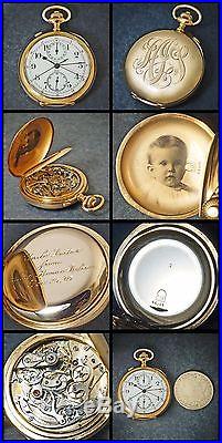 Rare Guinand Locle 14K Yellow Gold Split Second Pocket Watch, Photogravure Case