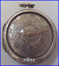 Rare Oignon Silver Champleve Dial+date Repousse Case Watch Verge Fusee Working