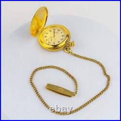 Rare Seiko Quartz Pocket Watch Gold Case W Cover Prime Minister Engraving #1498