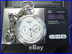 Rare & Working Triple Dial Chronograph Silver Case Pocket Watch + Box + Chain NR