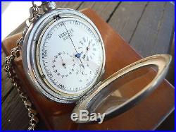 Rare & Working Triple Dial Chronograph Silver Case Pocket Watch + Box + Chain NR