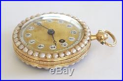 Solid Gold Enamel Pearl Set Case Cylinder Fusee Antique Pocket Watch 1800