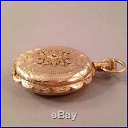 STUNNING 14k Antique Womans Pocket Watch Multicolor Gold Case w Diamond Anna