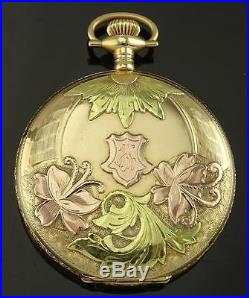 Super Rare Waltham 14k Tri Gold Floral & Scrolled Hunter Case Pocket Watch 1918