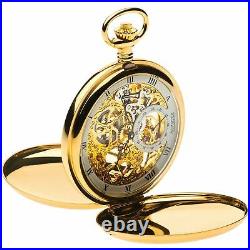 Skeleton Pocket Watch Full Double Hunter 17 Jewelled Mechanical Gold Plated Case