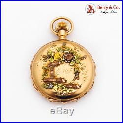 Swiss Multi Colored 14K Gold Floral Pocket Watch Boxed Case Fancy Deal