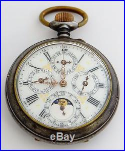 Swiss triple calendar pocket watch with moonphase, gun metal case rf26142