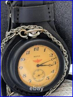 VINTAGE Molniya Pocket Watch Mechancal Leather Case WW1 Russian Railway Soviet