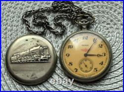 VINTAGE Molniya Pocket Watch Mechancal Leather Case WW1 Russian Railway Soviet