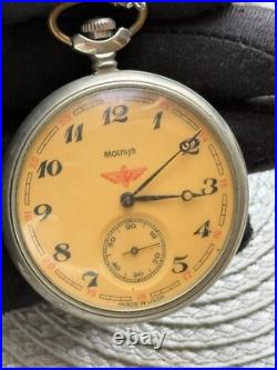 VINTAGE Molniya Pocket Watch Mechancal Leather Case WW1 Russian Railway Soviet