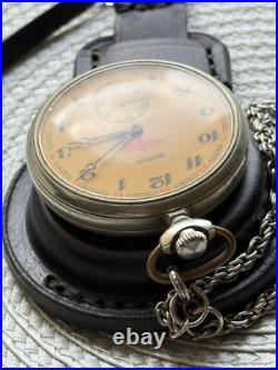 VINTAGE Molniya Pocket Watch Mechancal Leather Case WW1 Russian Railway Soviet