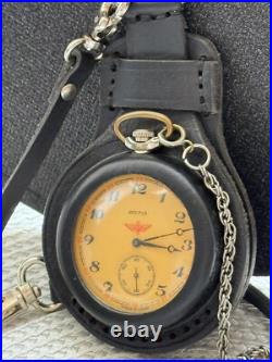 VINTAGE Molniya Pocket Watch Mechancal Leather Case WW1 Russian Railway Soviet
