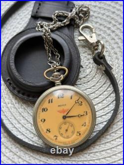 VINTAGE Molniya Pocket Watch Mechancal Leather Case WW1 Russian Railway Soviet