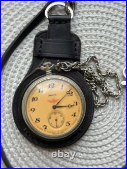 VINTAGE Molniya Pocket Watch Mechancal Leather Case WW1 Russian Railway Soviet