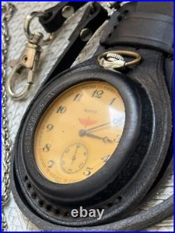 VINTAGE Molniya Pocket Watch Mechancal Leather Case WW1 Russian Railway Soviet