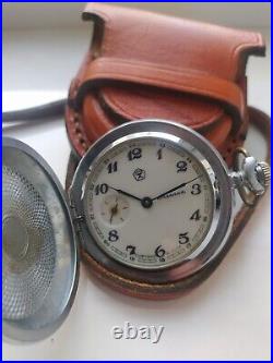 VINTAGE Molniya Pocket Watch Mechanical Leather Case Soviet WW1 Russian USSR