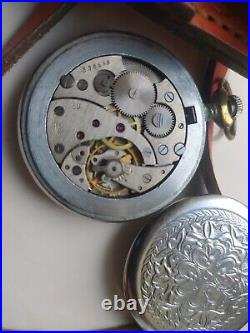 VINTAGE Molniya Pocket Watch Mechanical Leather Case Soviet WW1 Russian USSR