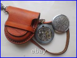 VINTAGE Molniya Pocket Watch Mechanical Leather Case Soviet WW1 Russian USSR