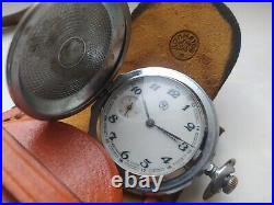 VINTAGE Molniya Pocket Watch Mechanical Leather Case Soviet WW1 Russian USSR