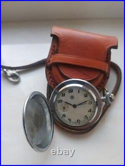VINTAGE Molniya Pocket Watch Mechanical Leather Case Soviet WW1 Russian USSR