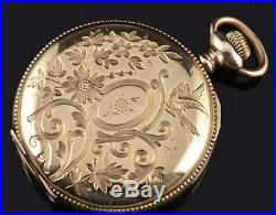 V. Fine Antique Elgin 14k Gold Filled Enamel Dial Etched Scenic Case Pocket Watch
