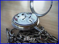 Verge Fusee Triple Calendar Chronograph Painted Dial Silver Case Pocket Watch NR