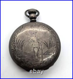 Victorian silver plated etched military hunting motif antique pocket watch case
